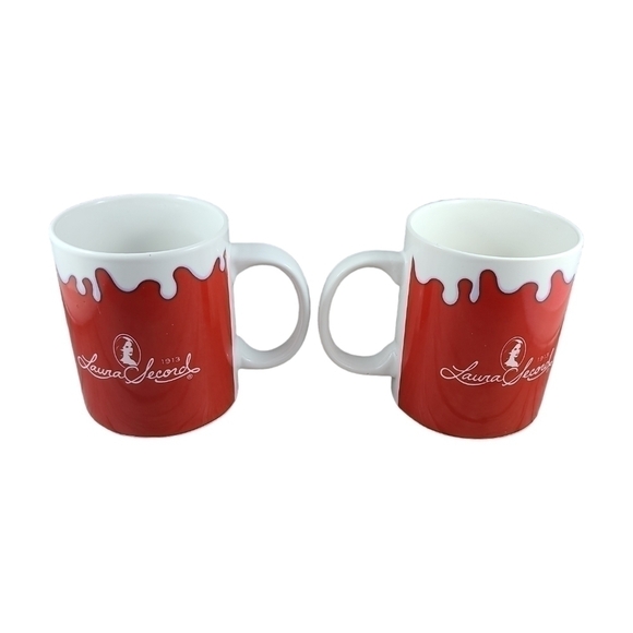 LAURA SECORD Red Ceramic Mugs Brands Unlimited Pair Set of 2 Coffee Tea Cups - Picture 4 of 7